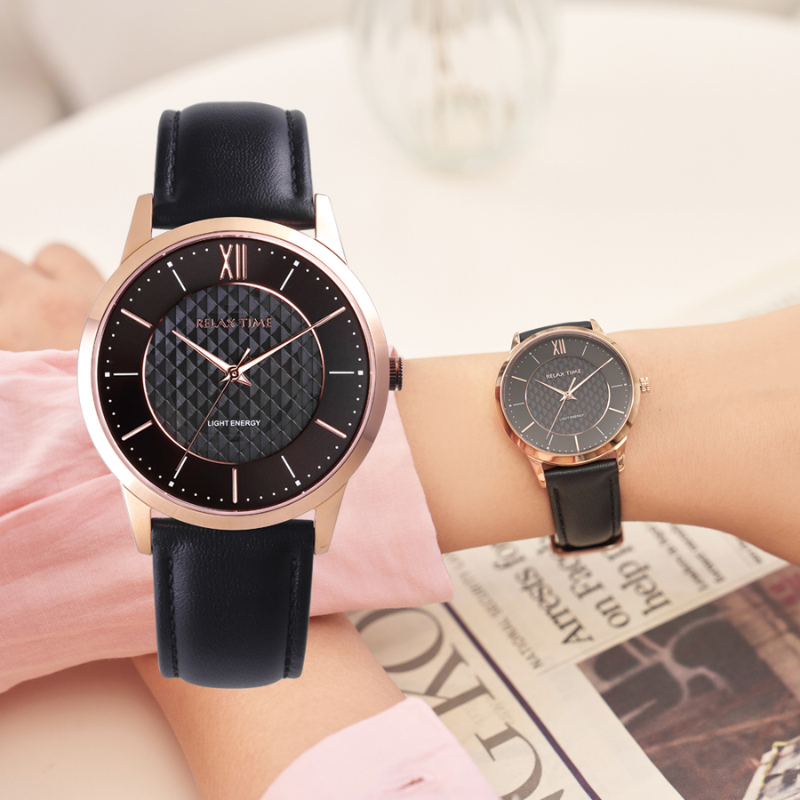 RELAX TIME-太陽能系列-時尚女錶-玫瑰金黑(RT-108S-5L)-36mm