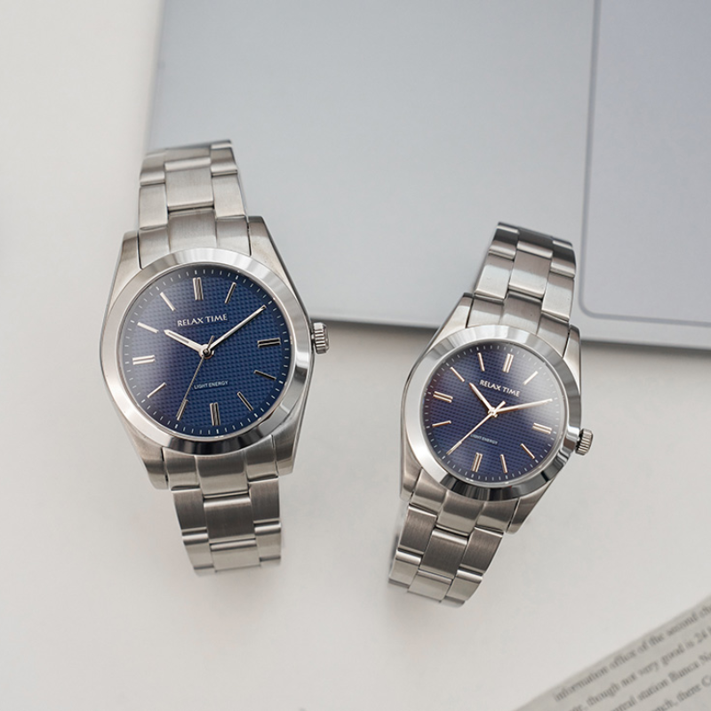 RELAX TIME-太陽能系列-立體格紋對錶 -藍 (RT-105S-2M+RT-105S-2L)-40mm+34mm