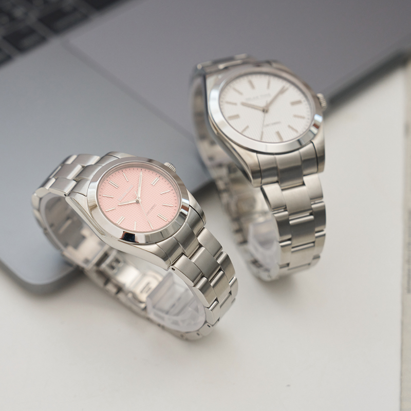 RELAX TIME-太陽能系列-立體格紋對錶 -白+粉 (RT-105S-1M+RT-105S-5L)-40mm+34mm
