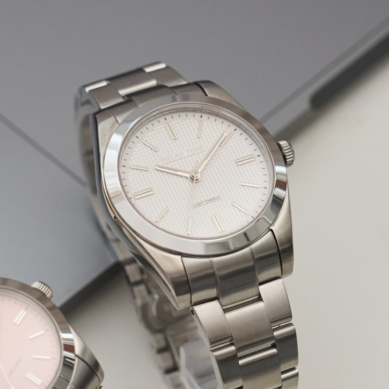 RELAX TIME-太陽能系列-立體格紋對錶 -白+粉 (RT-105S-1M+RT-105S-5L)-40mm+34mm