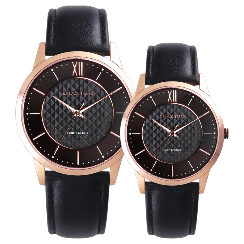 RELAX TIME-太陽能系列-時尚對錶 -玫瑰金黑 (RT-108S-5M+RT-108S-5L)-42+36mm