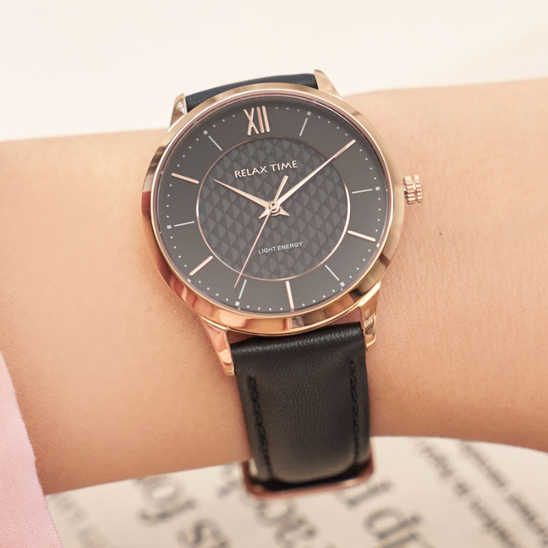 RELAX TIME-太陽能系列-時尚對錶 -玫瑰金黑 (RT-108S-5M+RT-108S-5L)-42+36mm