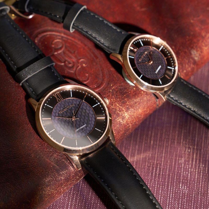 RELAX TIME-太陽能系列-時尚對錶 -玫瑰金黑 (RT-108S-5M+RT-108S-5L)-42+36mm