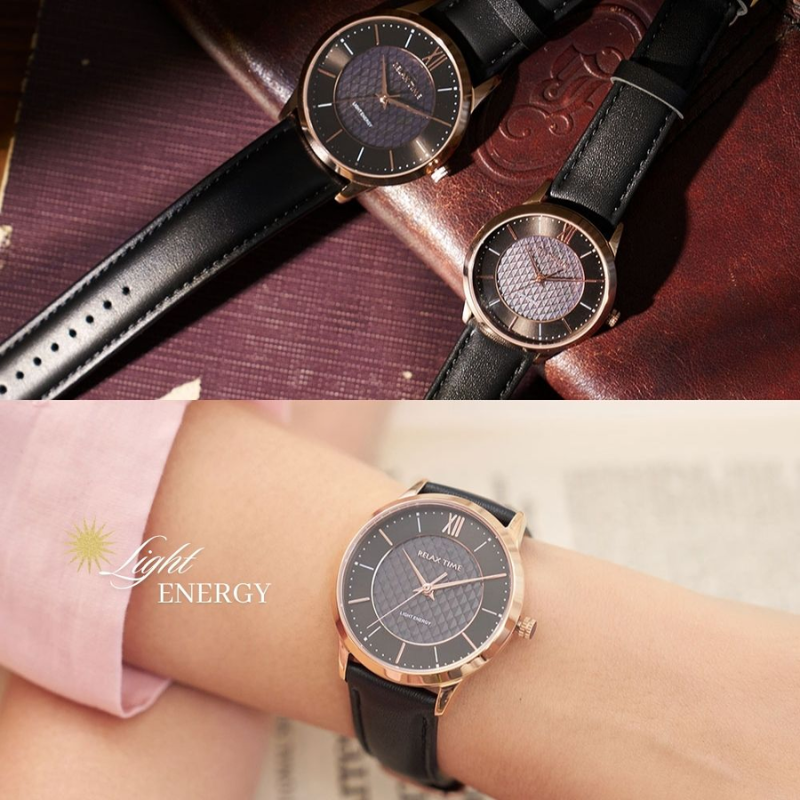 RELAX TIME-太陽能系列-時尚對錶 -玫瑰金黑 (RT-108S-5M+RT-108S-5L)-42+36mm
