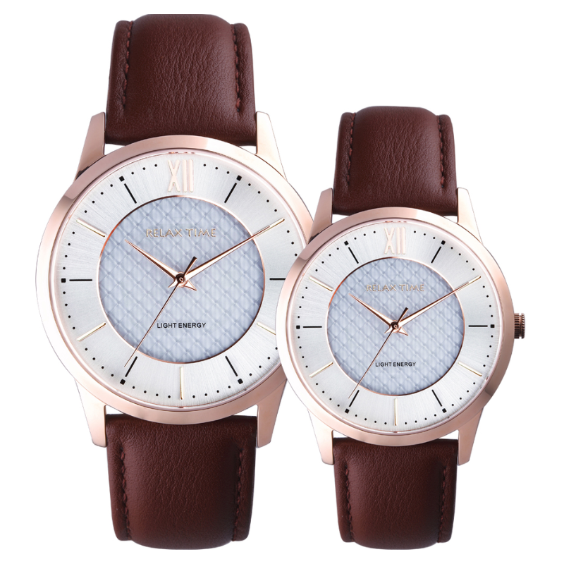 RELAX TIME-太陽能系列-時尚對錶 -玫瑰金 (RT-108S-3M+RT-108S-3L)-42+36mm