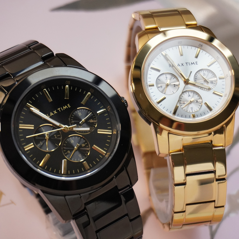 RELAX TIME-黑鋼三眼腕錶-黑X金(R0800-16-21X+R0800-16-30)-42mm+38mm
