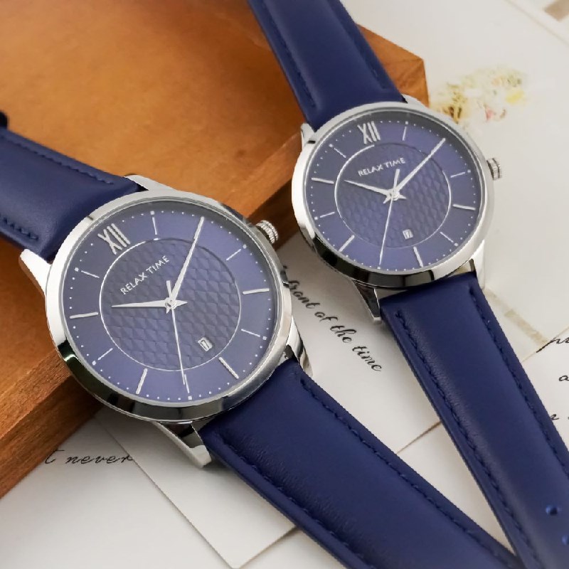 RELAX TIME - 石英款 - 立體格紋時尚對錶 - 藍(RT-118-2M+RT-118-2L) - 42mm+36mm