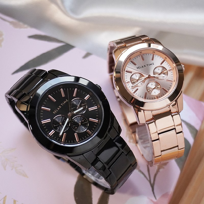 RELAX TIME - 黑鋼三眼腕錶 - 黑鋼X玫瑰金(R0800-16-10X +R0800-16-33) - 42mm+38mm