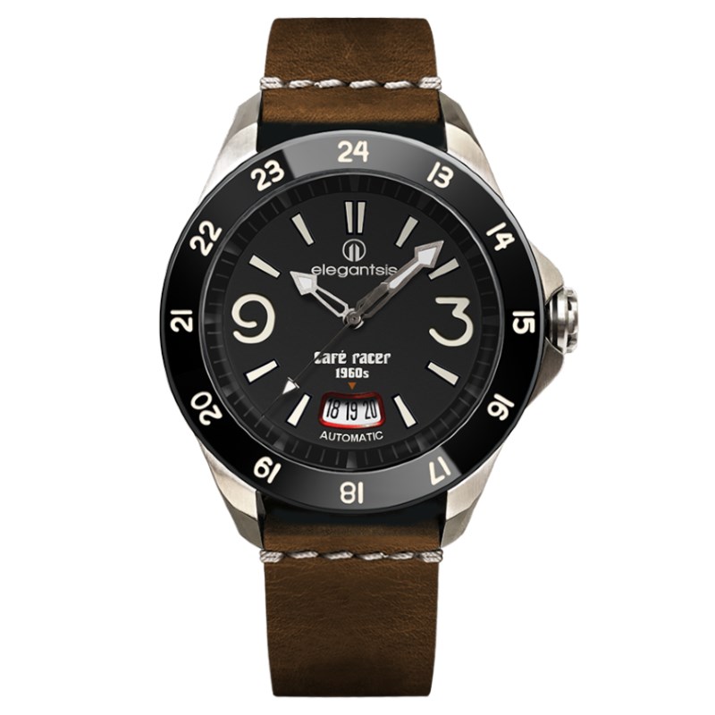 elegantsis 愛樂時-騎士系列-CafeRacer風格主題自動機械腕錶-JR65AS-黑面棕-ELJR65AS-C1NB2L-44MM