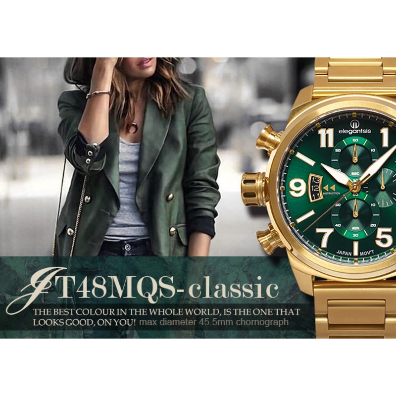 elegantsis 愛樂時-中性系列-JT48MQS-英式街頭-經典時尚計時石英錶-綠-ELJT48MQS-OG04MA-45.5MM