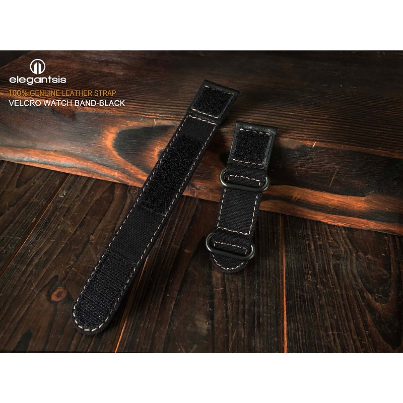 elegantsis 愛樂時-原廠配件-Velcro Canvas Leather Strap 魔鬼氈帆布皮錶帶-Velcro Canvas Leather Strap-錶帶寬:24mm 黑色